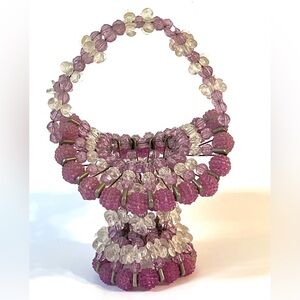 VTG Handmade Purple & White Beads Safety Pin Basket w/Handle Kitschy Decor 7.5"